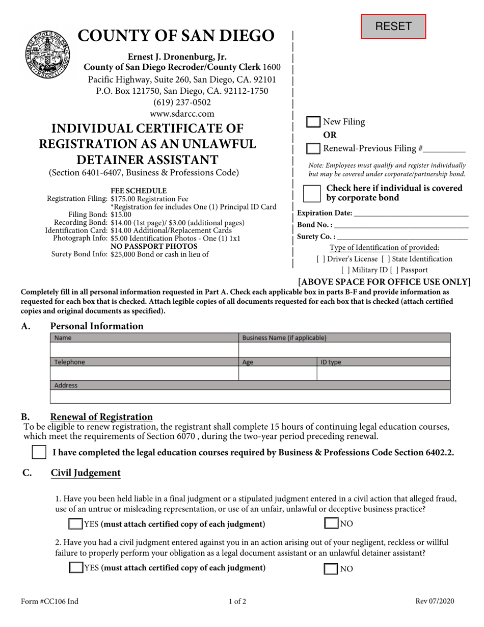 Form CC106 Individual Certificate of Registration as an Unlawful Detainer Assistant - County of San Diego, California, Page 1