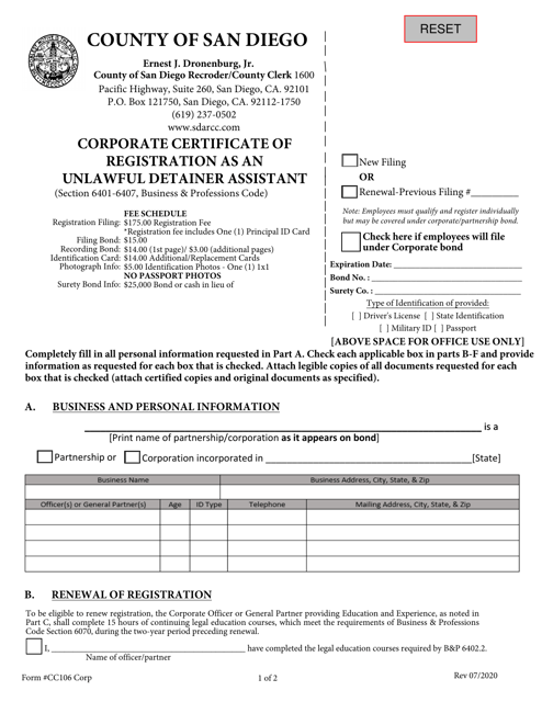 Form CC106 Corporate Certificate of Registration as an Unlawful Detainer Assistant - County of San Diego, California