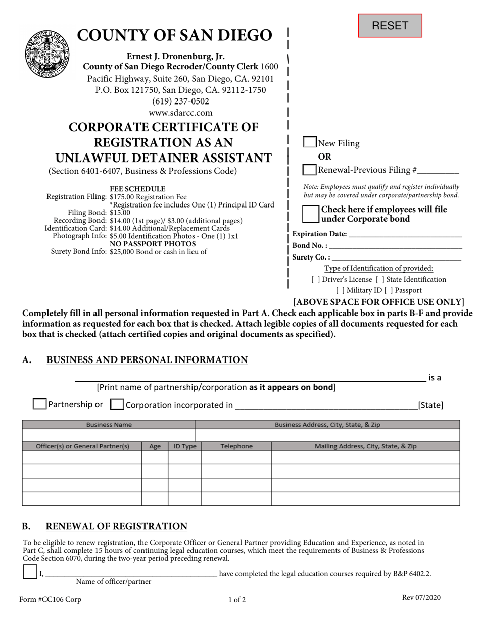 Form CC106 Corporate Certificate of Registration as an Unlawful Detainer Assistant - County of San Diego, California, Page 1