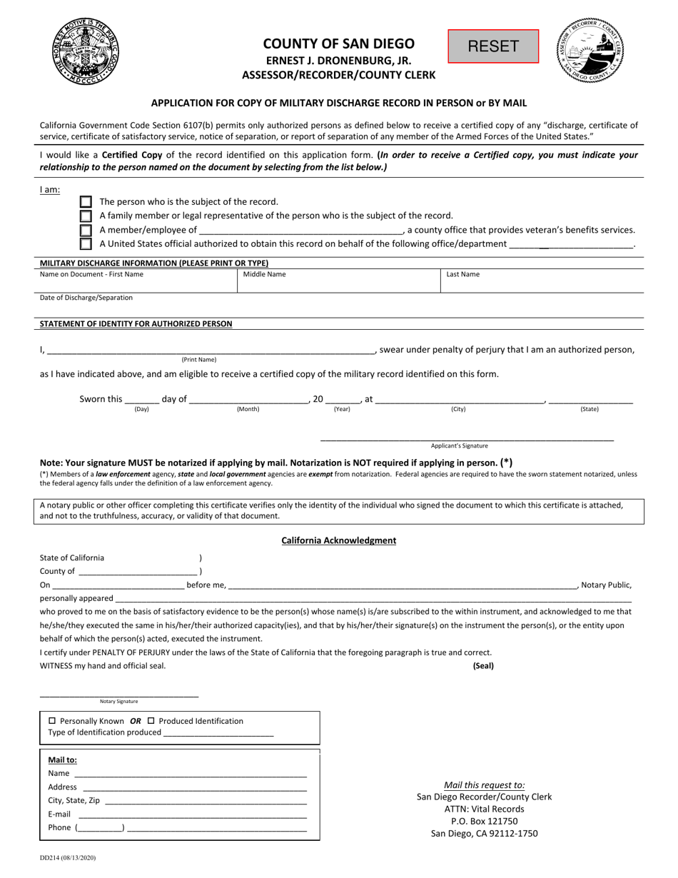 Form DD214 Application for Copy of Military Discharge Record in Person or by Mail - County of San Diego, California, Page 1