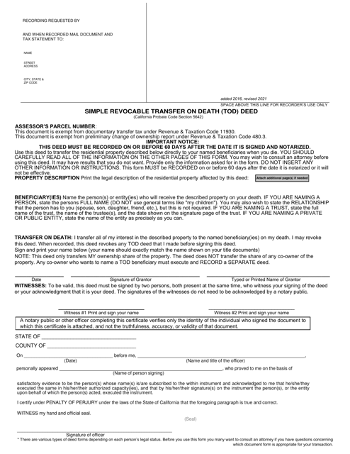 Simple Revocable Transfer on Death (Tod) Deed - County of San Diego, California Download Pdf