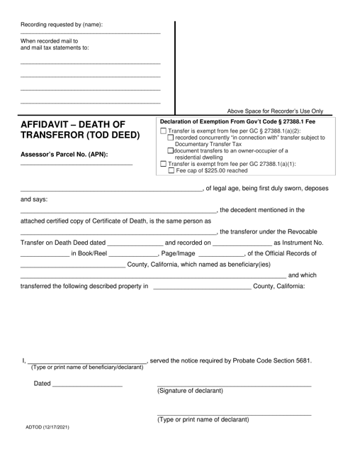 Affidavit - Death of Transferor (Tod Deed) - County of San Diego, California Download Pdf