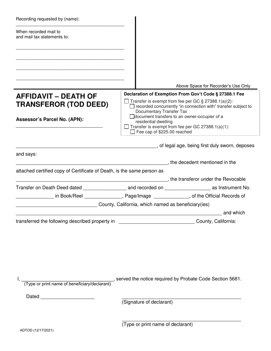 Affidavit - Death of Transferor (Tod Deed) - County of San Diego, California, Page 1