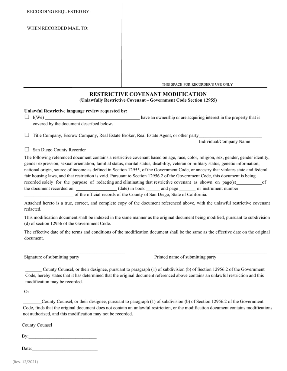 Restrictive Covenant Modification - County of San Diego, California, Page 1