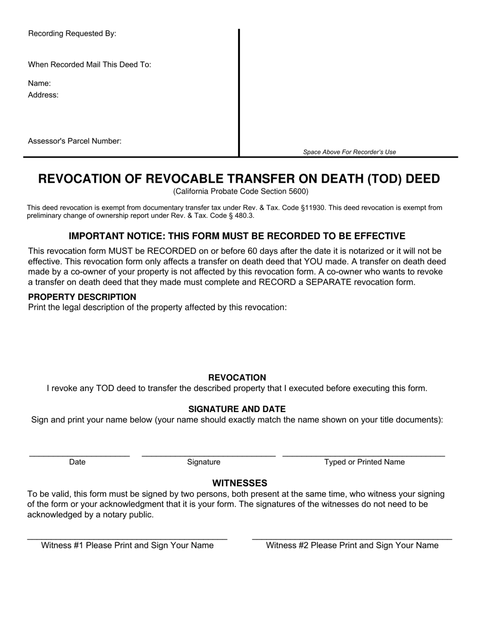 Revocation of Revocable Transfer on Death (Tod) Deed - County of San Diego, California, Page 1
