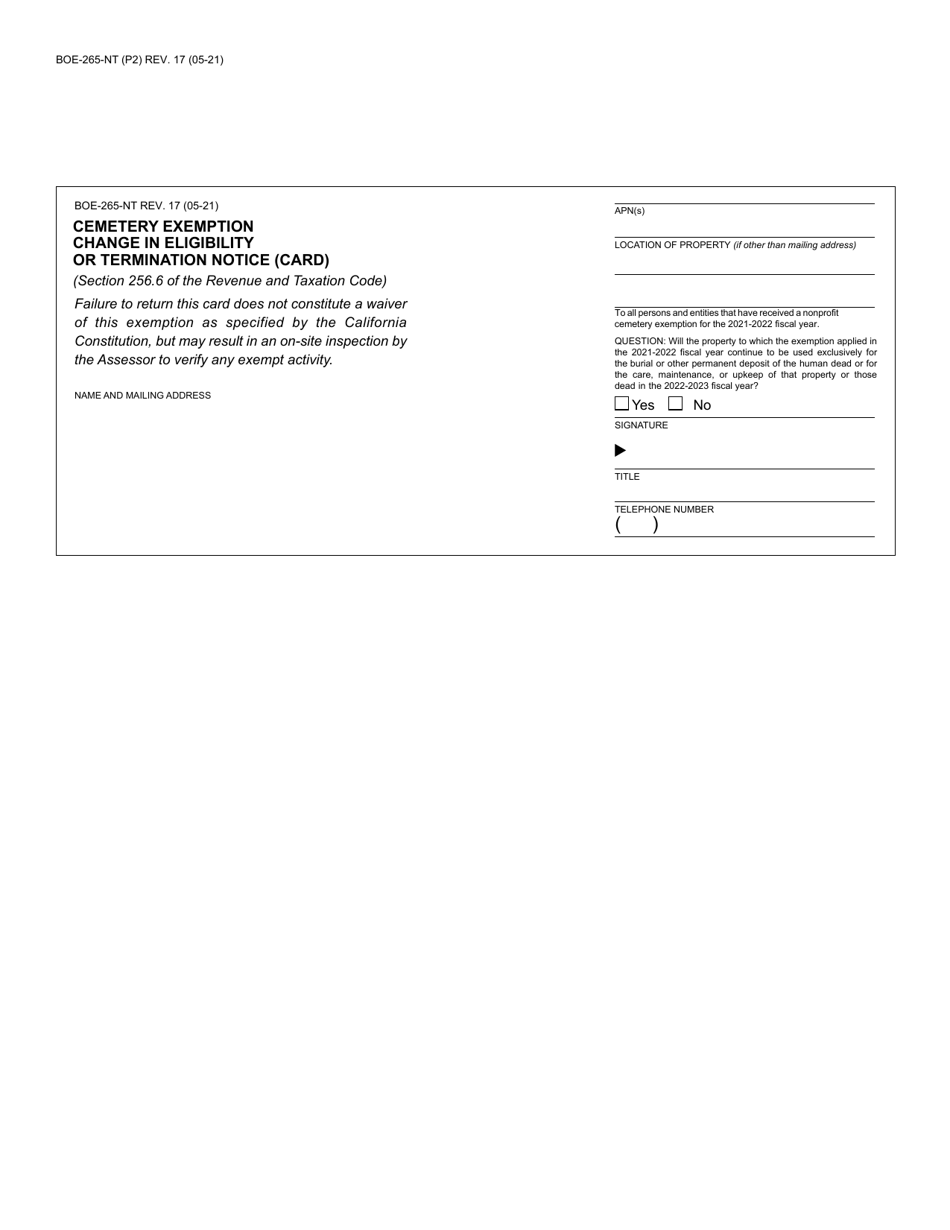 Form BOE-265-NT Cemetery Exemption Change in Eligibility or Termination Notice - County of San Diego, California, Page 2