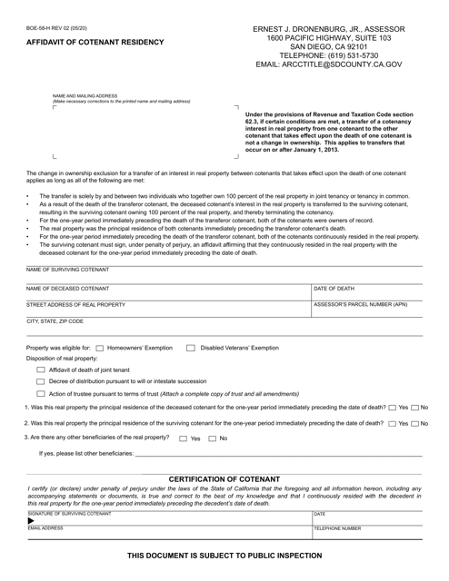 Form BOE-58-H Affidavit of Cotenant Residency - County of San Diego, California