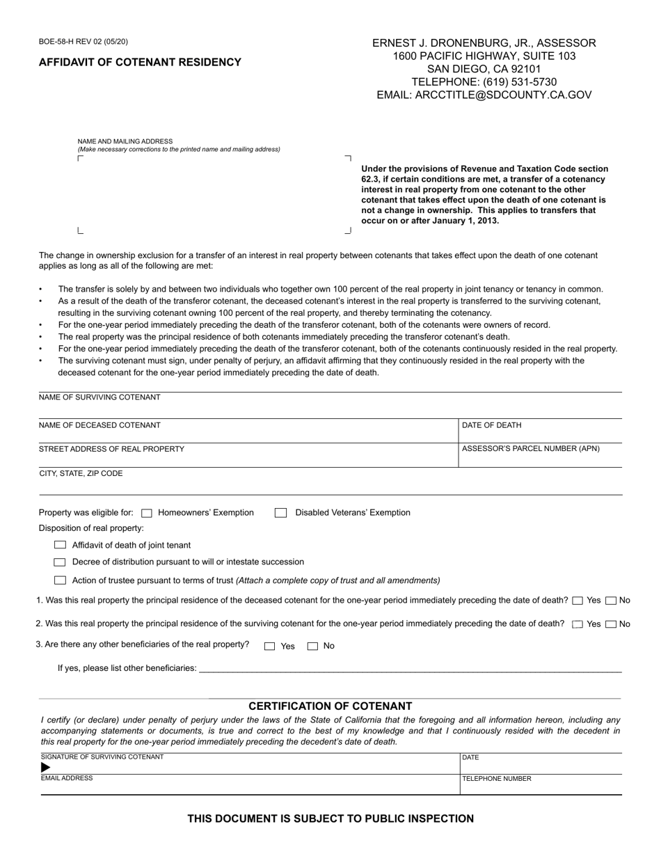 Form BOE-58-H Affidavit of Cotenant Residency - County of San Diego, California, Page 1
