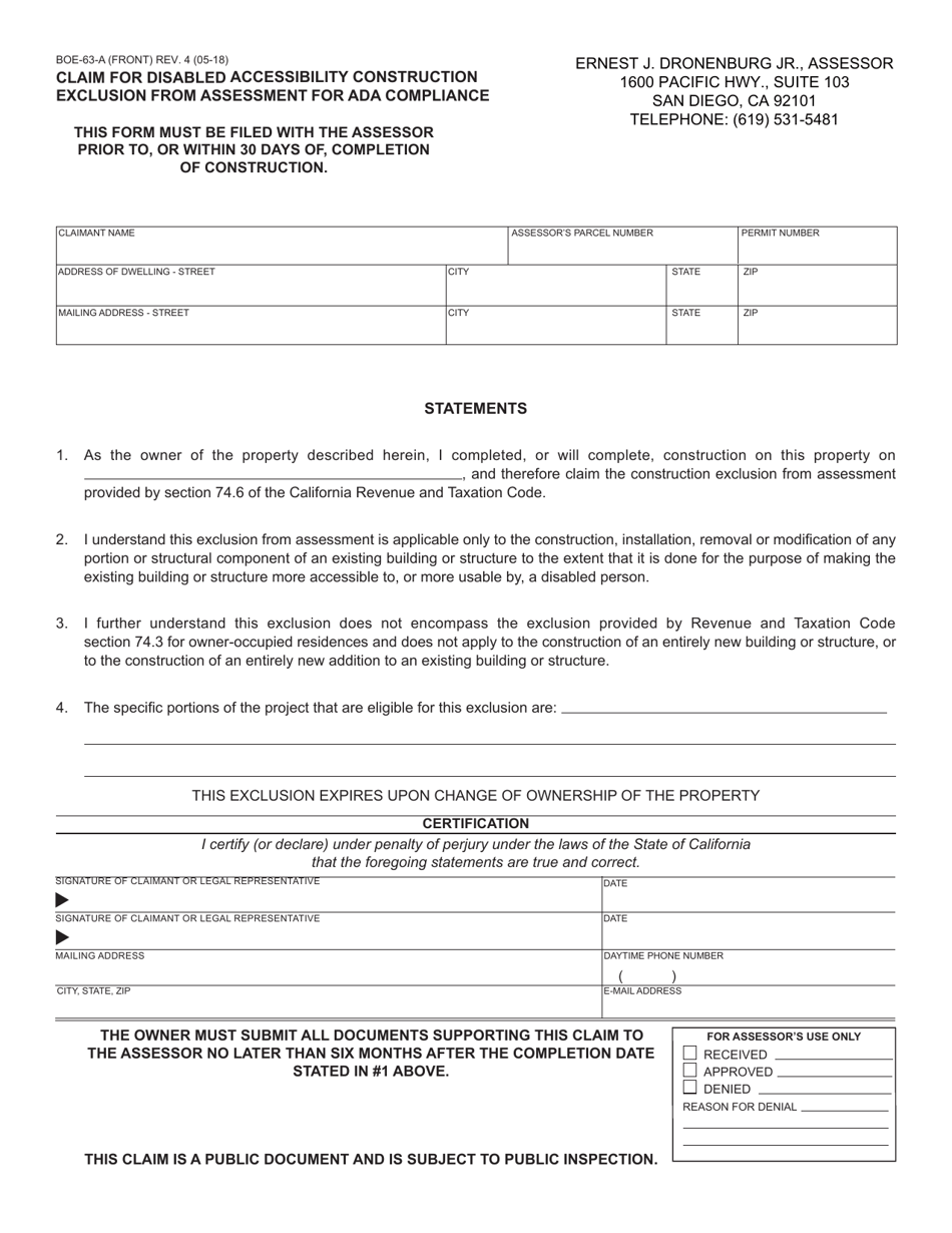 Form BOE-63-A Claim for Disabled Accessibility Construction Exclusion From Assessment for Ada Compliance - County of San Diego, California, Page 1