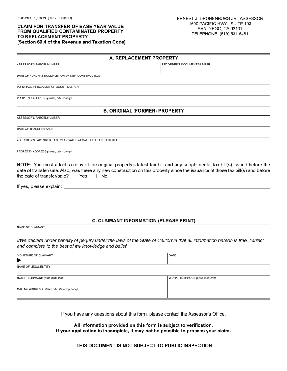 Form BOE-65-CP Claim for Transfer of Base Year Value From Qualified Contaminated Property to Replacement Property - Conty of San Diego, California, Page 1