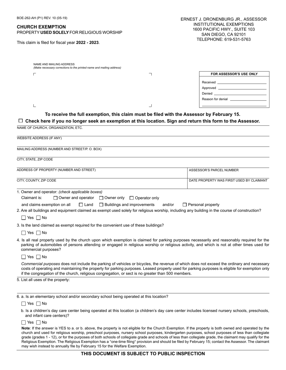 Form BOE-262-AH Church Exemption - Conty of San Diego, California, Page 1
