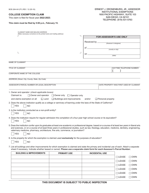 Form BOE-264-AH College Exemption Claim - County of San Diego, California, 2023