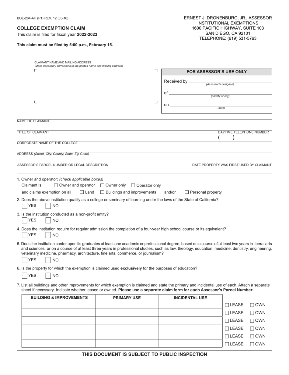 Form BOE-264-AH College Exemption Claim - County of San Diego, California, Page 1