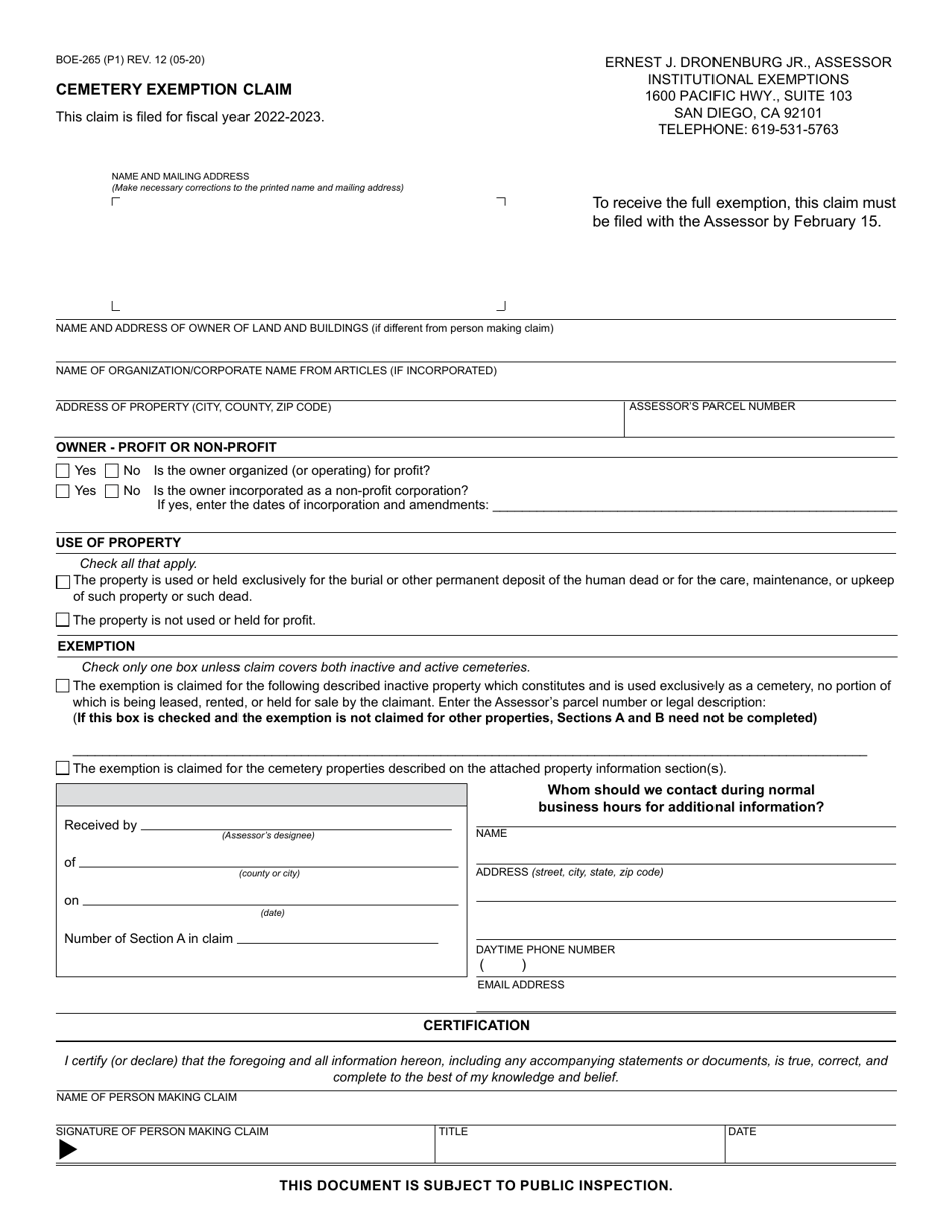 Form BOE-265 - 2023 - Fill Out, Sign Online and Download Fillable PDF ...