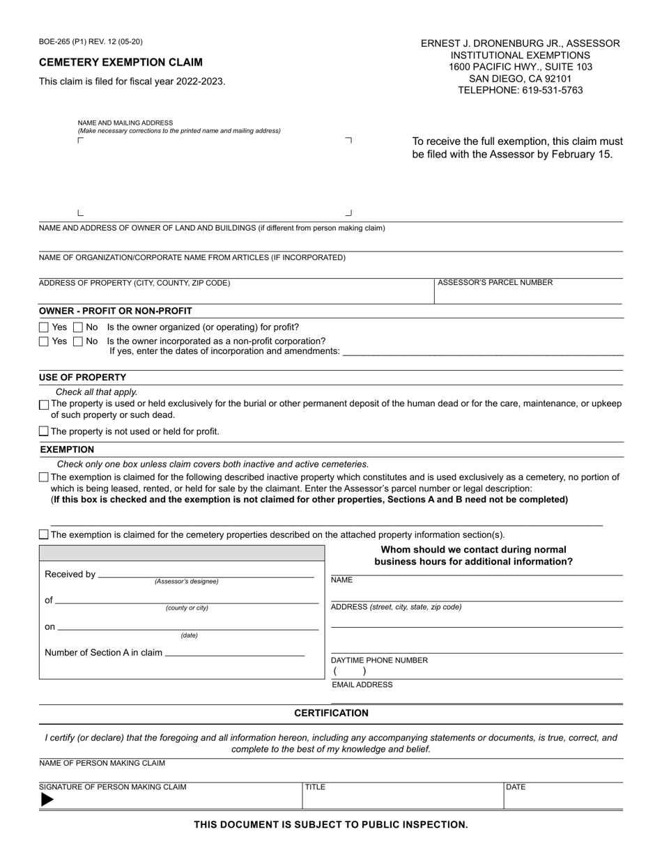 Form BOE-265 Cemetery Exemption Claim - County of San Diego, California, Page 1