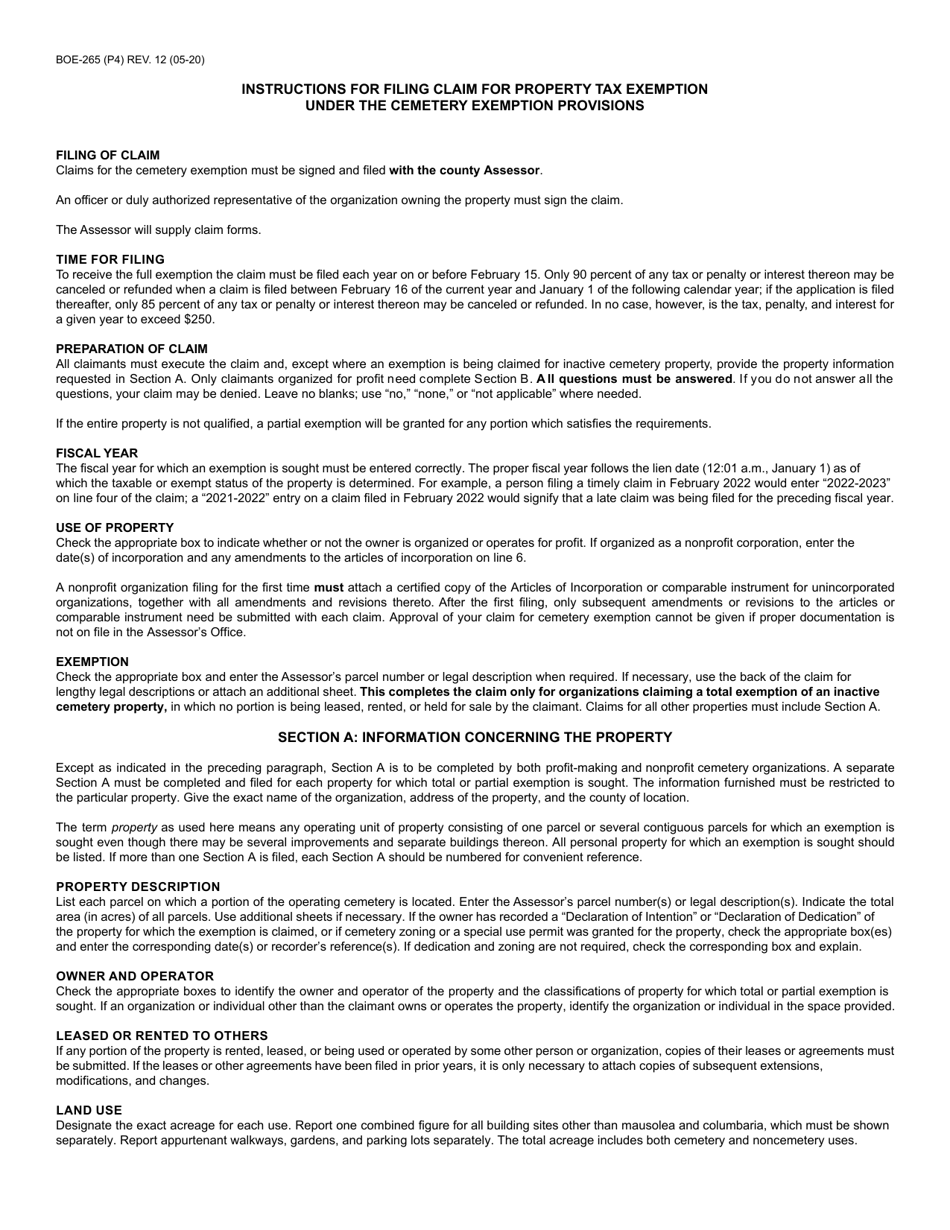 Form BOE-265 Cemetery Exemption Claim - County of San Diego, California, Page 4