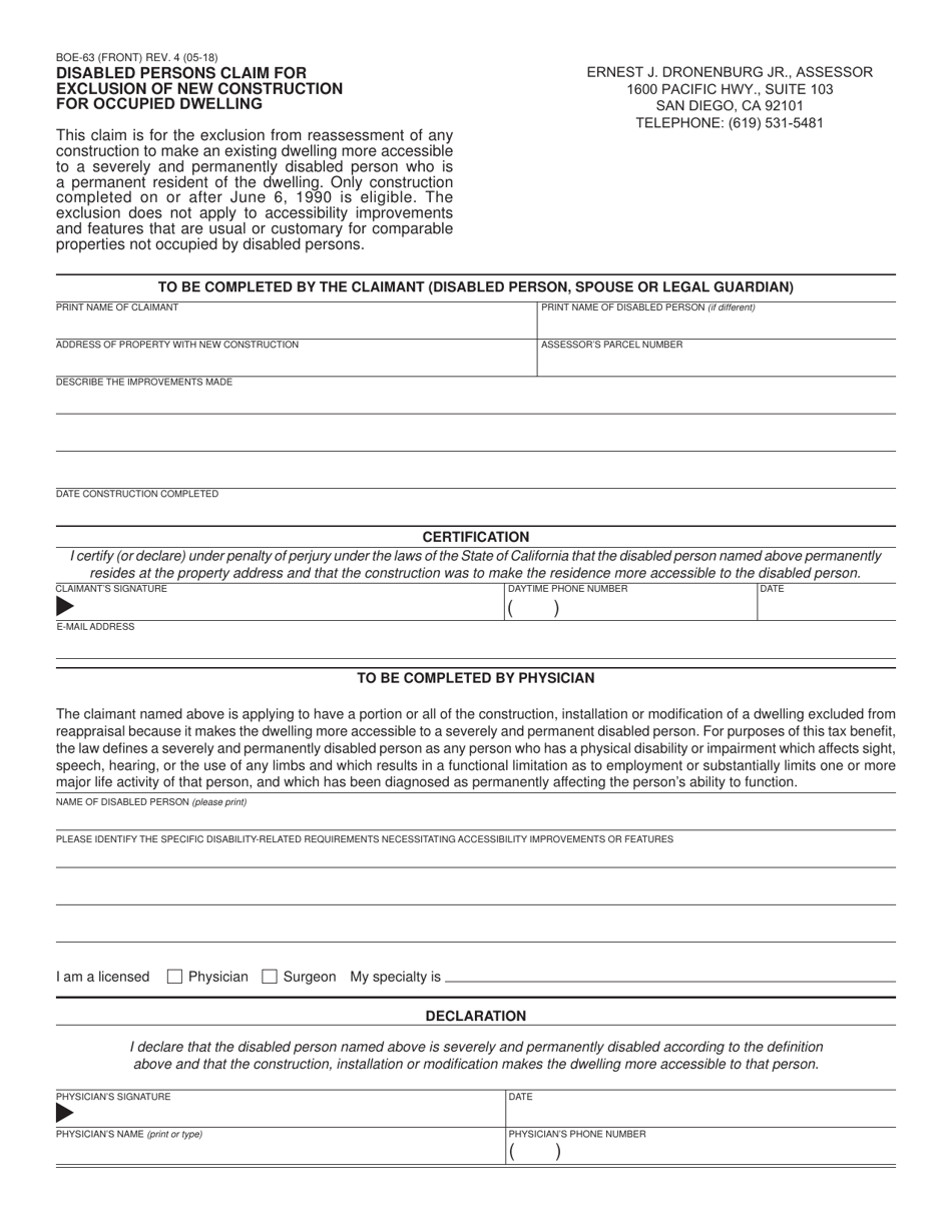 Form BOE-63 Disabled Persons Claim for Exclusion of New Construction for Occupied Dwelling - County of San Diego, California, Page 1