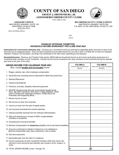 Form AS-EX-2B Disabled Veterans' Exemption Household Income Worksheet - County of San Diego, California, 2022