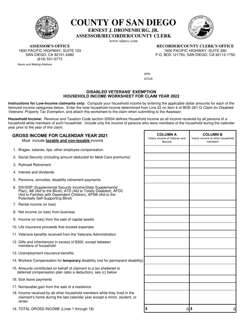 Form AS-EX-2B Disabled Veterans Exemption Household Income Worksheet - County of San Diego, California, Page 1