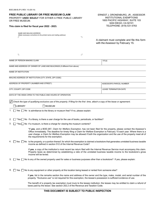 Form BOE-268-B Free Public Library or Free Museum Claim - County of San Diego, California, 2023