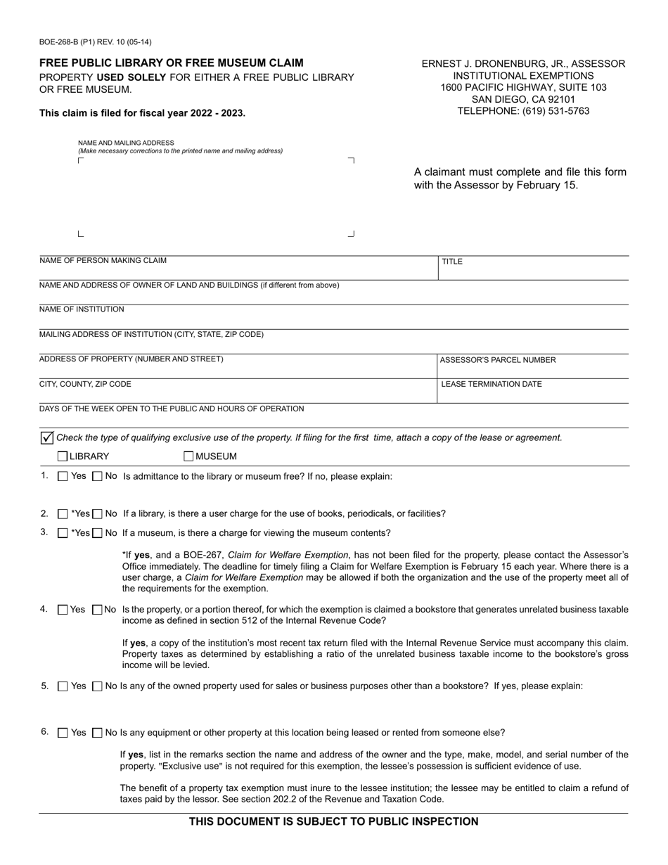 Form BOE-268-B Free Public Library or Free Museum Claim - County of San Diego, California, Page 1