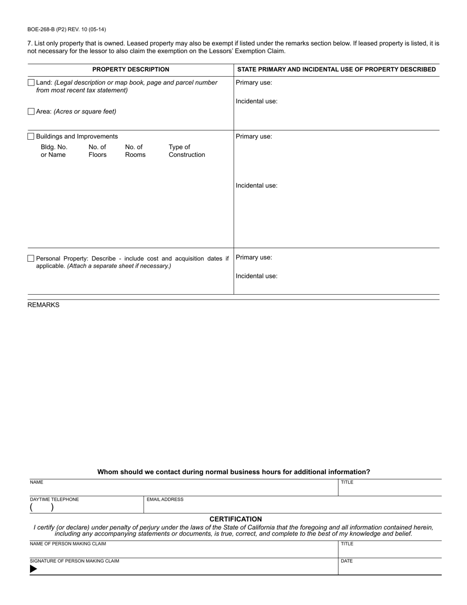 Form BOE-268-B Free Public Library or Free Museum Claim - County of San Diego, California, Page 2