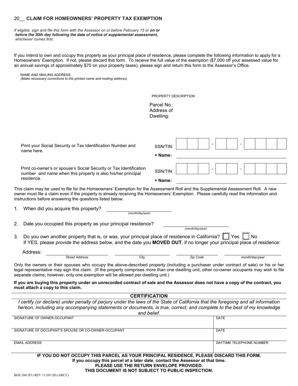 Form BOE-266 Claim for Homeowners Property Tax Exemption - County of San Diego, California, Page 1