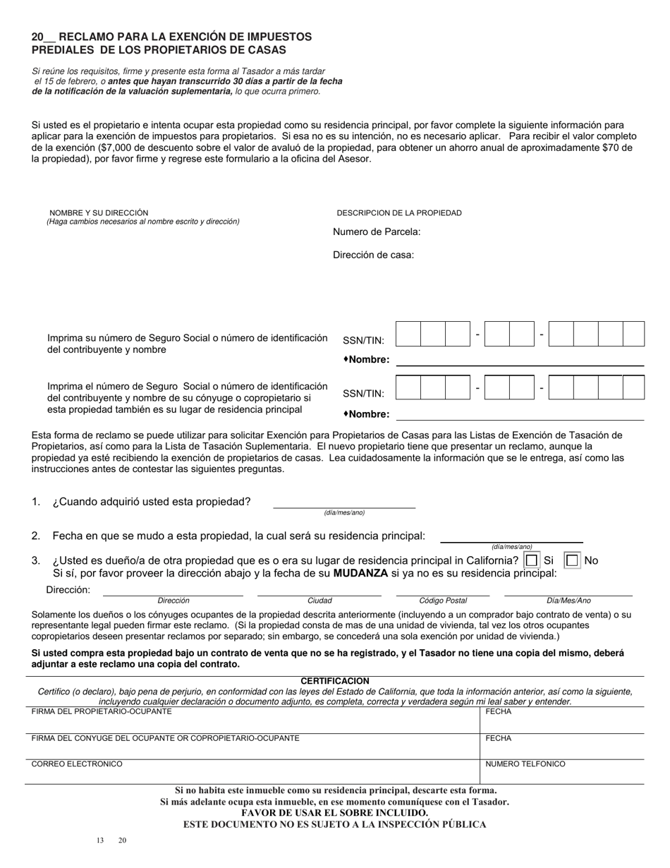 Formulario BOE-266 Reclamo Para La Exencion De Impuestos Prediales De Los Propietarios De Casas - County of San Diego, California (Spanish), Page 1