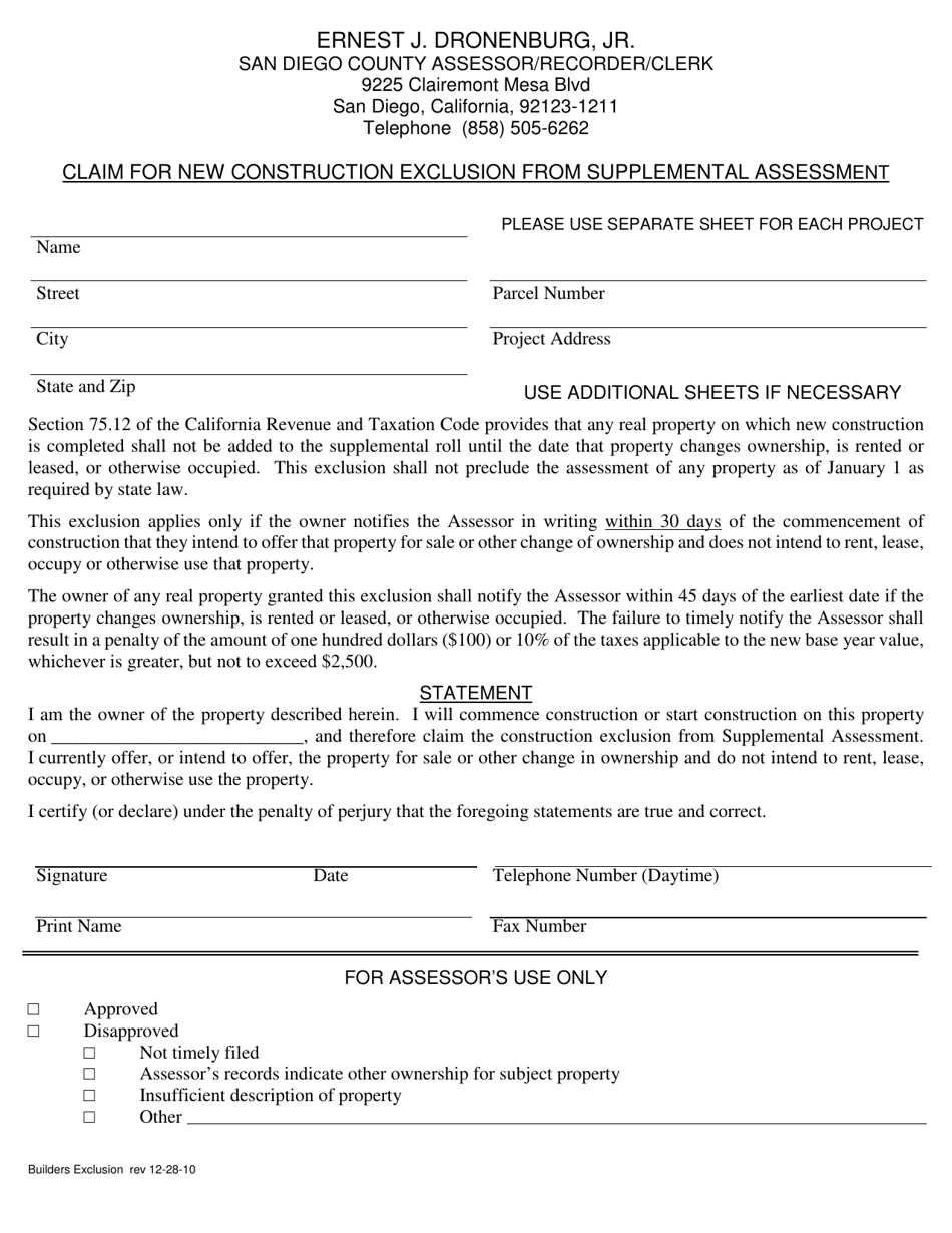 Claim for New Construction Exclusion From Supplemental Assessment - County of San Diego, California, Page 1