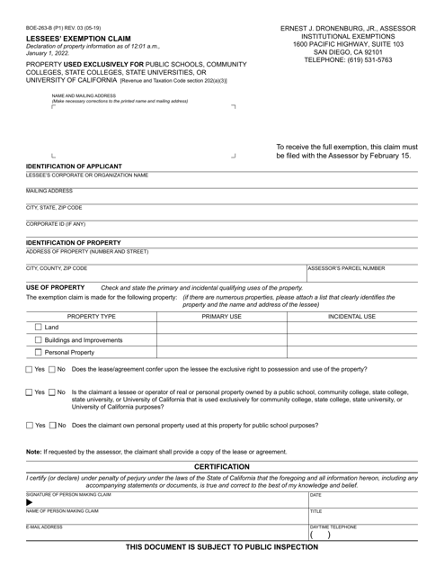 Form BOE-263-B Lessees' Exemption Claim - County of San Diego, California
