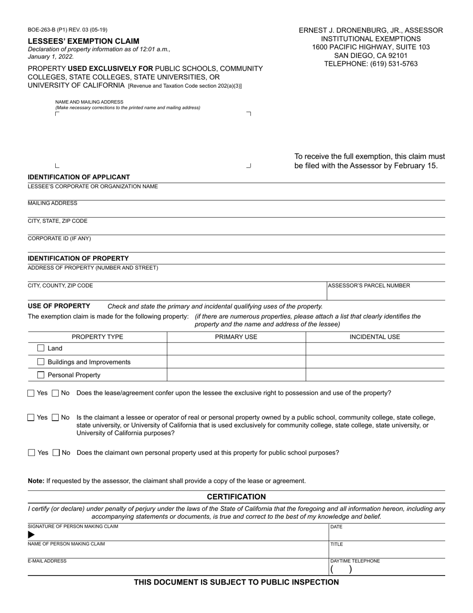 Form BOE-263-B Lessees Exemption Claim - County of San Diego, California, Page 1