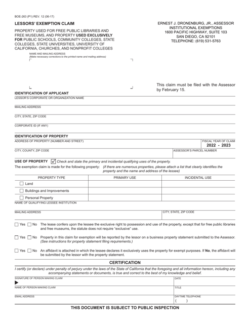 Form BOE-263 Lessors' Exemption Claim - County of San Diego, California, 2023