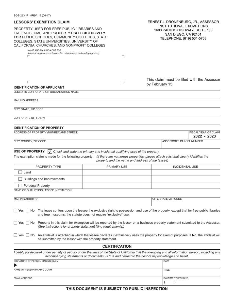 Form BOE-263 Lessors Exemption Claim - County of San Diego, California, Page 1
