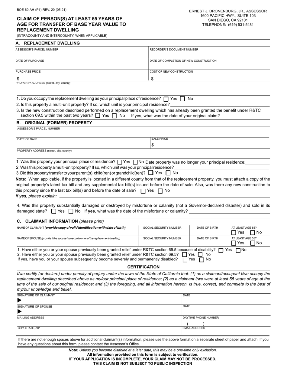 Form BOE-60-AH Claim of Person(s) at Least 55 Years of Age for Transfer of Base Year Value to Replacement Dwelling - County of San Diego, California, Page 1