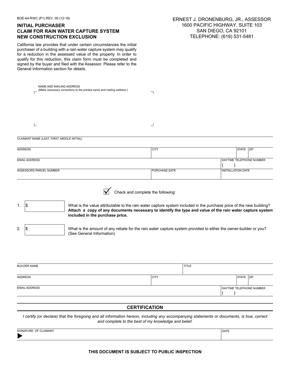 Form BOE-64-RWC Initial Purchaser Claim for Rain Water Capture System New Construction Exclusion - County of San Diego, California, Page 1