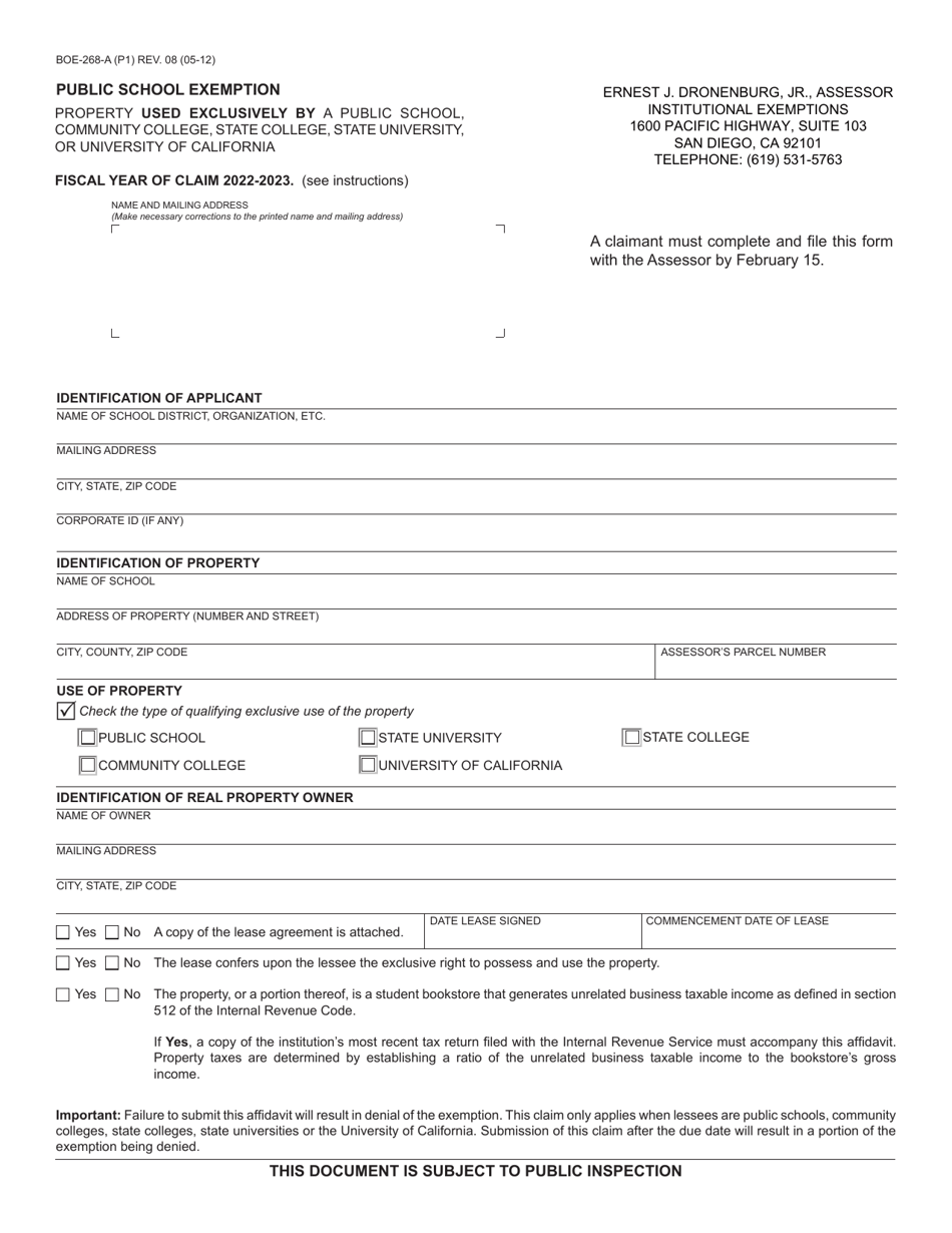 Form BOE-268-A Public School Exemption - County of San Diego, California, Page 1