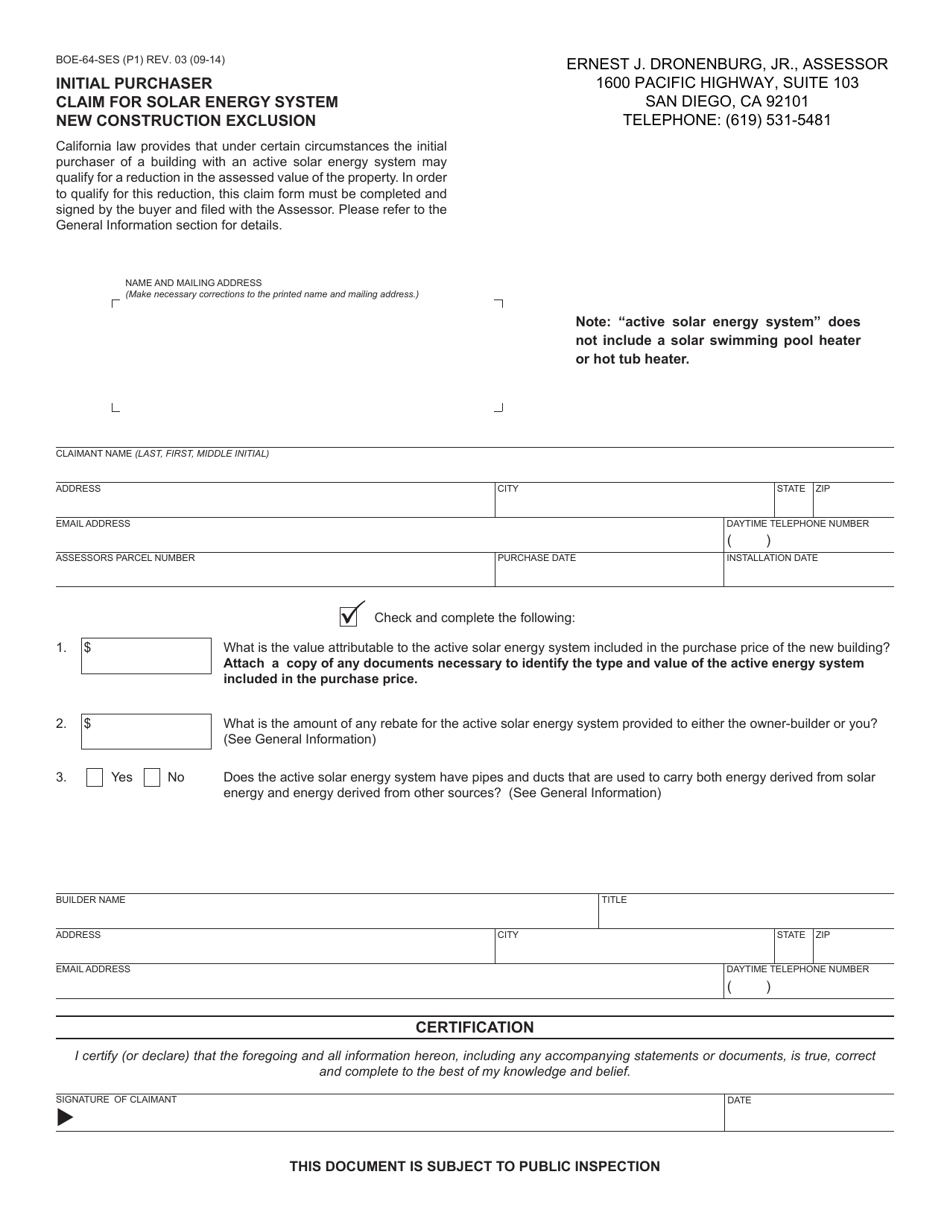 Form BOE-64-SES - Fill Out, Sign Online and Download Fillable PDF ...