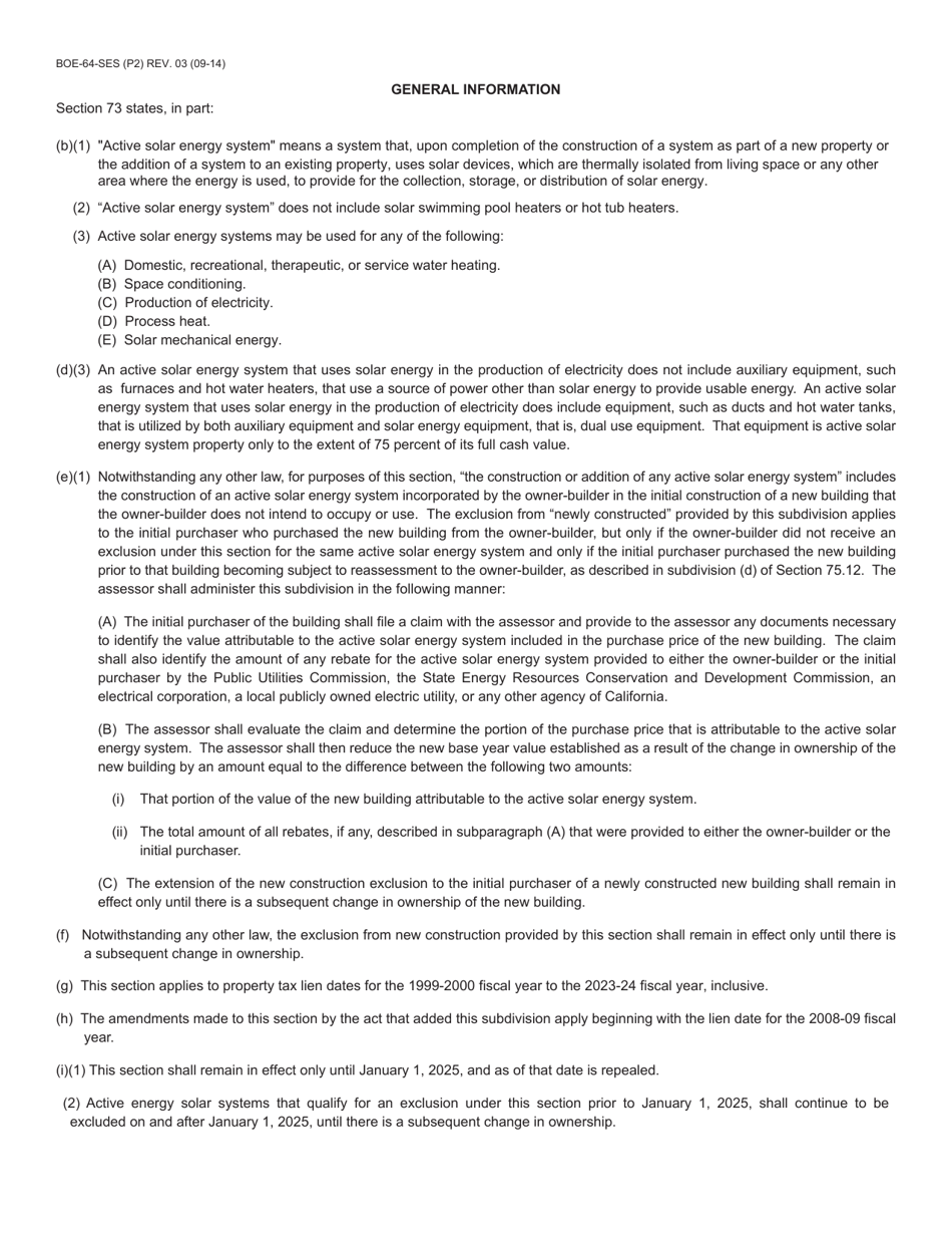 Form BOE-64-SES Initial Purchaser Claim for Solar Energy System New Construction Exclusion - County of San Diego, California, Page 2