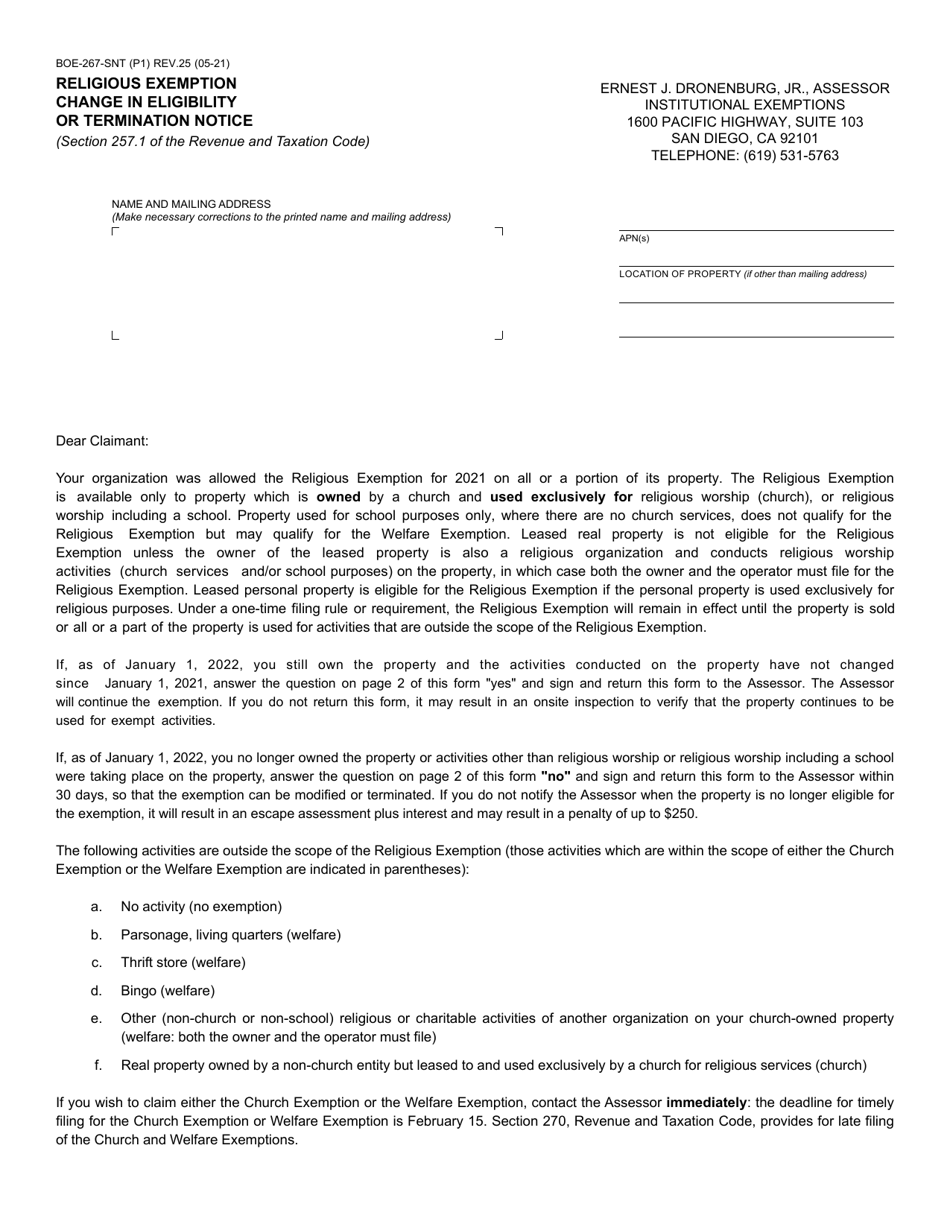 Form BOE-267-SNT Religious Exemption Change in Eligibility or Termination Notice - County of San Diego, California, Page 1