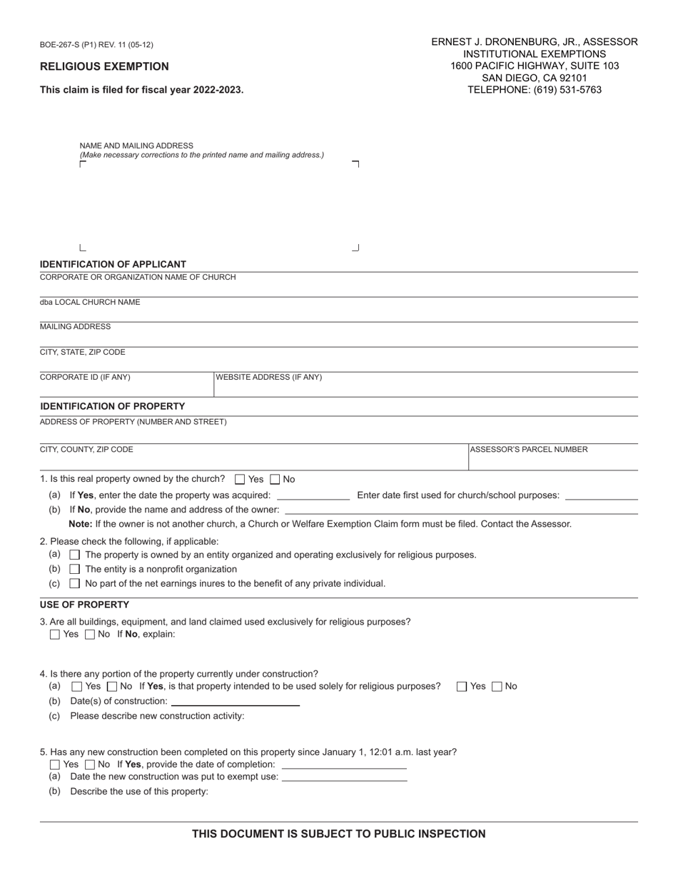 Form BOE-267-S Religious Exemption - County of San Diego, California, Page 1