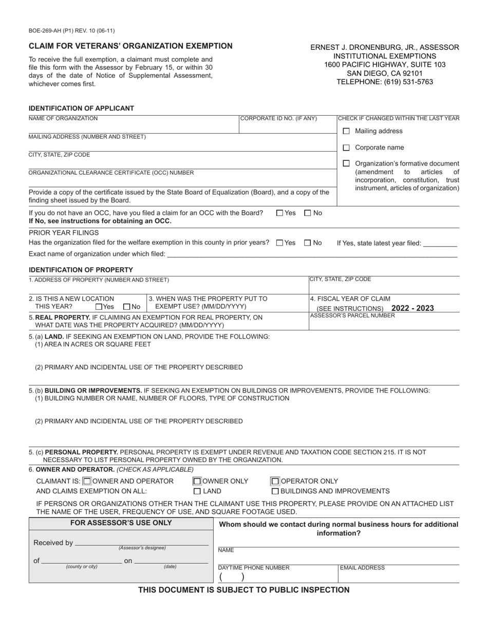 Form BOE-269-AH Claim for Veterans Organization Exemption - County of San Diego, California, Page 1