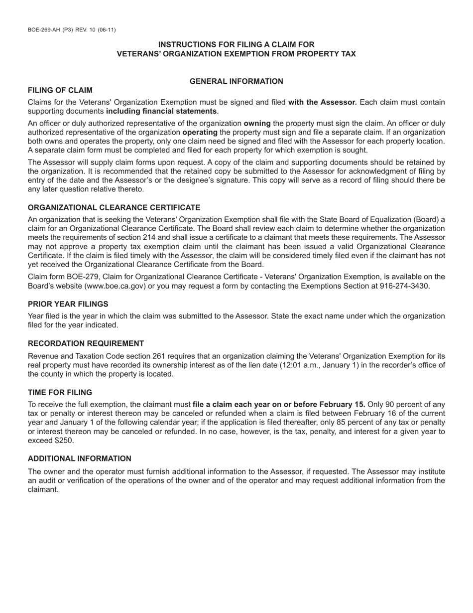 Form BOE-269-AH Claim for Veterans Organization Exemption - County of San Diego, California, Page 3