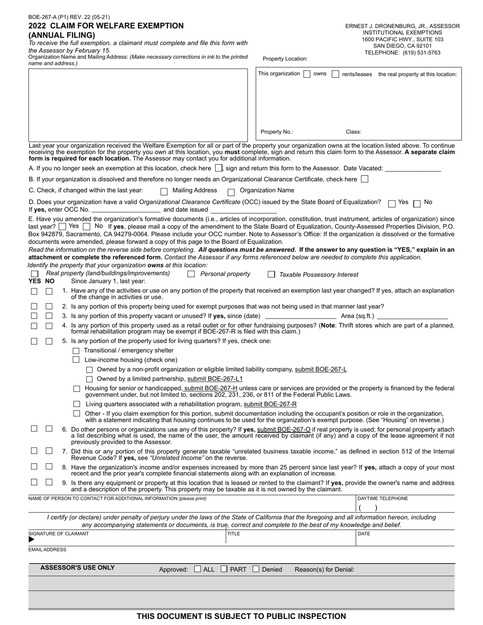 Form BOE-267-A Claim for Welfare Exemption (Annual Filing) - County of San Diego, California, Page 1