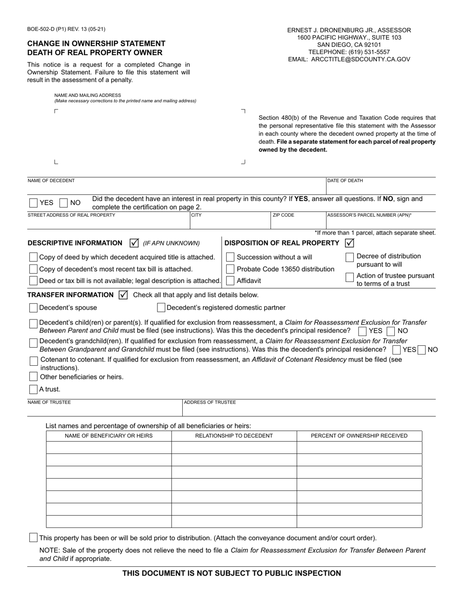 Form BOE-502-D Change in Ownership Statement - Death of Real Property Owner - County of San Diego, California, Page 1