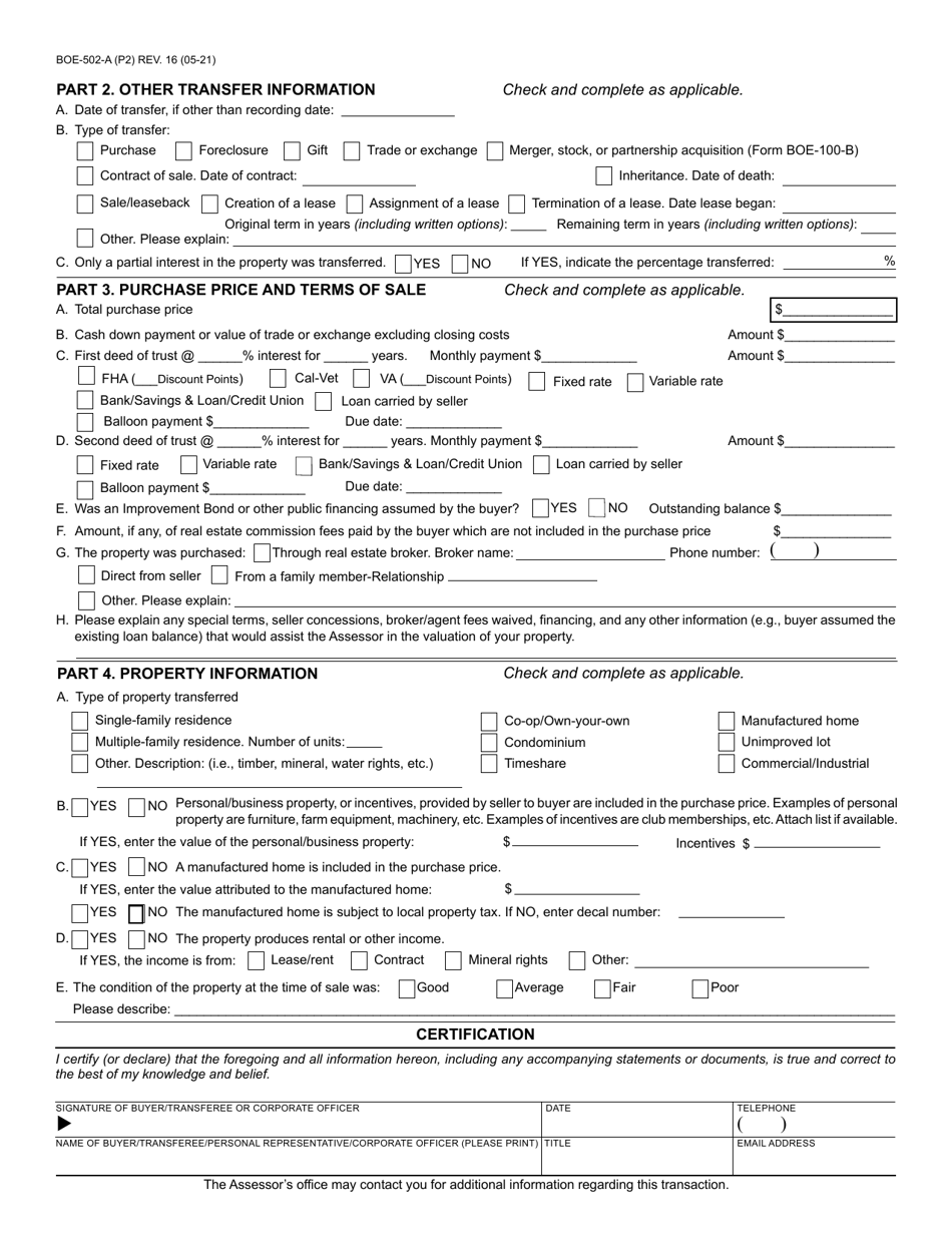 Form BOE-502-A Preliminary Change of Ownership Report - County of San Diego, California, Page 2