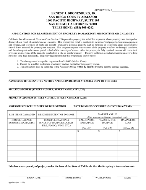 Application for Reassessment of Property Damaged by Misfortune or Calamity - County of San Diego, California Download Pdf