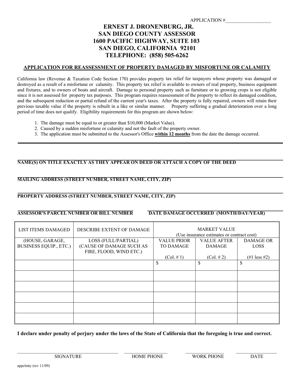 Application for Reassessment of Property Damaged by Misfortune or Calamity - County of San Diego, California, Page 1