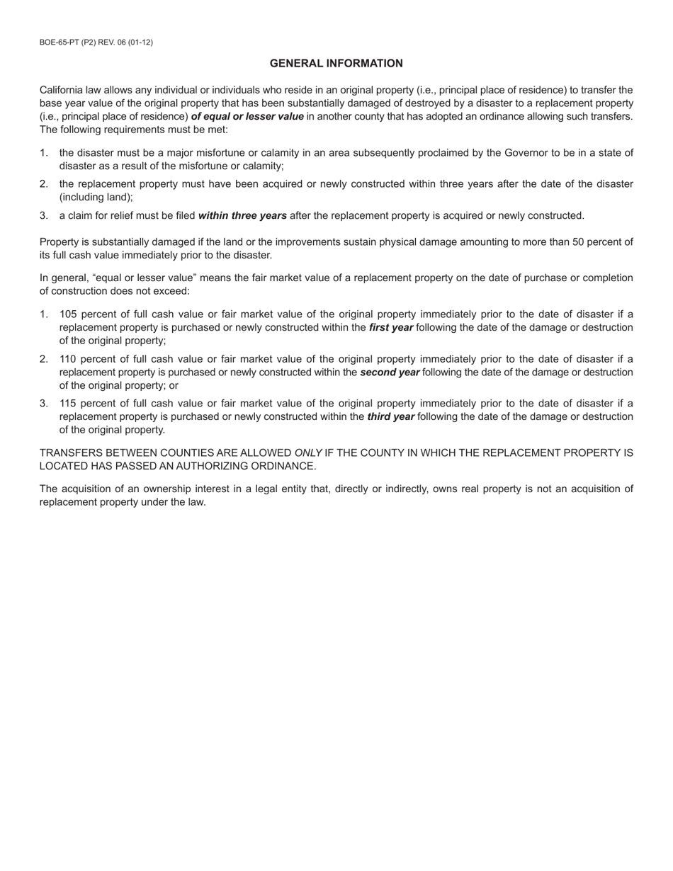 Form BOE-65-PT Claim for Intercounty Transfer of Base Year Value to Replacement Property From Principal Residence Damaged or Destroyed in a Governor-Declared Disaster - County of San Diego, California, Page 2