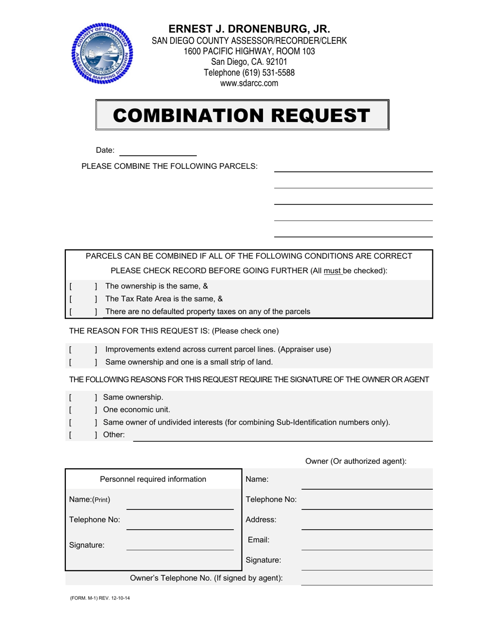 Form M-1 Combination Request - County of San Diego, California, Page 1