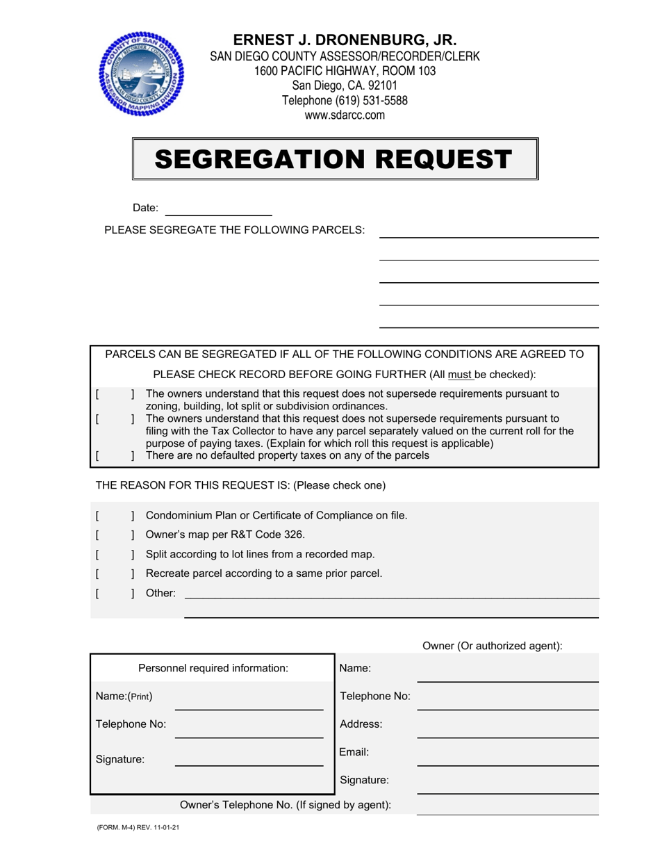 Form M-4 Segregation Request - County of San Diego, California, Page 1
